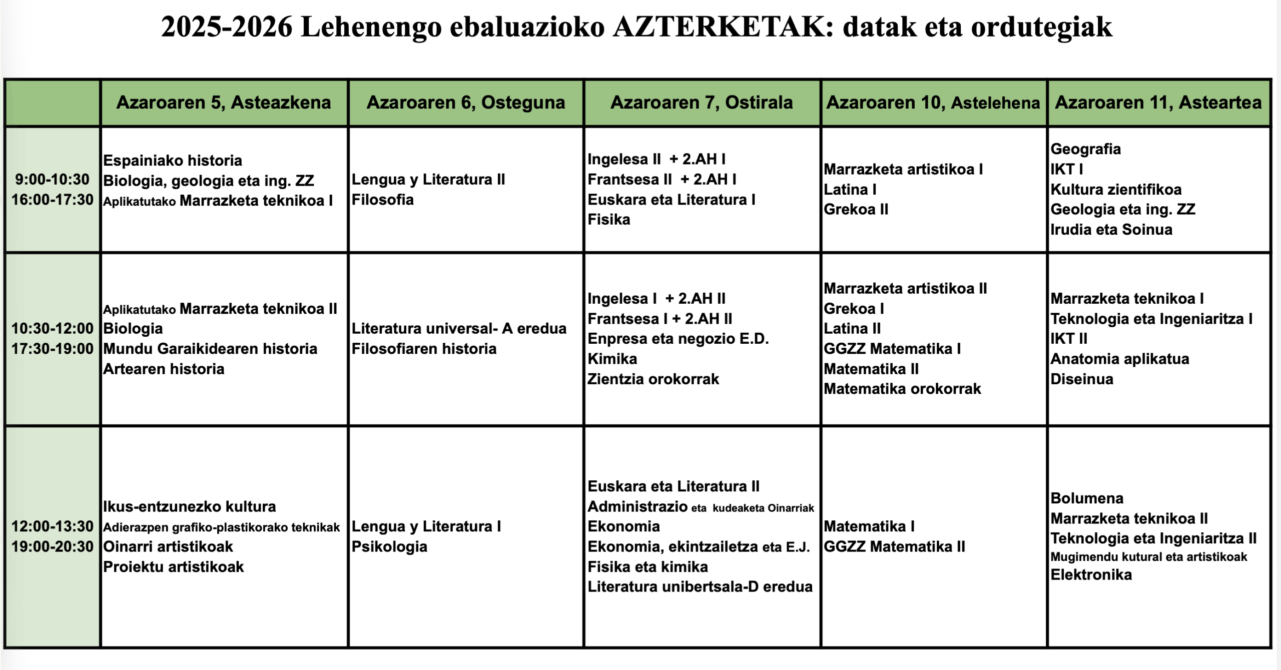 Batxilergoko Lehenengo Ebaluazioaren Azterketak 2025-26